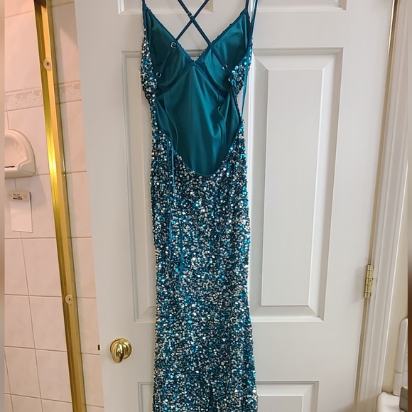 Scala sequin gown. Mermaid style with spaghetti straps. - Picture 4 of 6